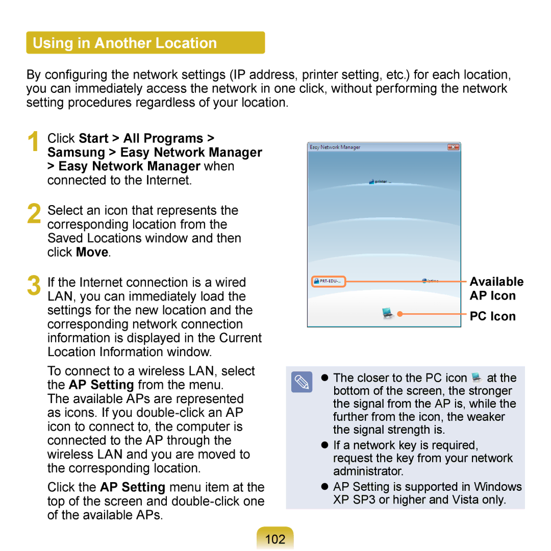 Samsung NP-R700-A003RU, NP-R700-AS05DE, NP-R700A000/SEG manual Using in Another Location, 102, Available AP Icon PC Icon 