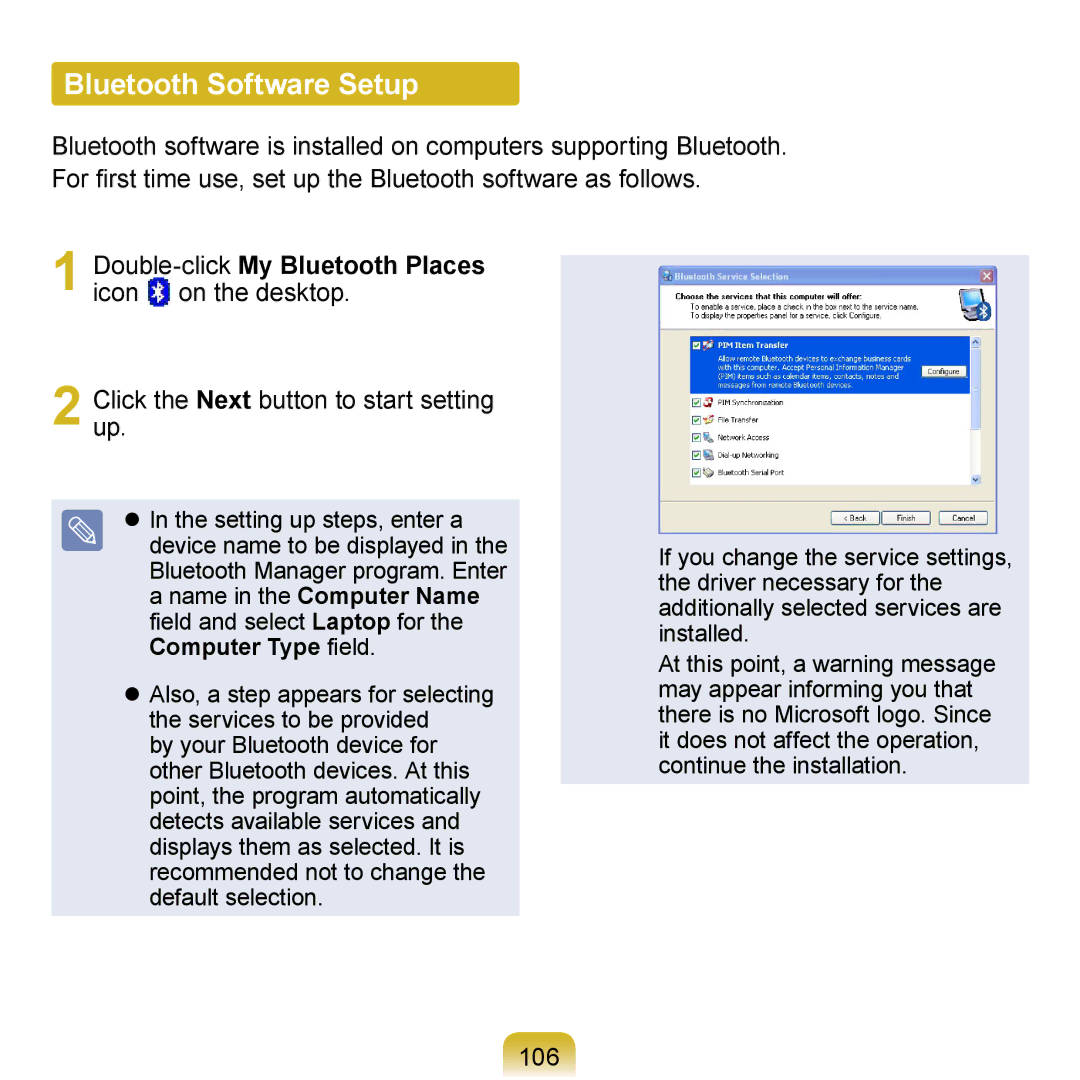 Samsung NP-R410-XB01RU, NP-R700-AS05DE, NP-R700A000/SEG manual Bluetooth Software Setup, Double-clickMy Bluetooth Places, 106 