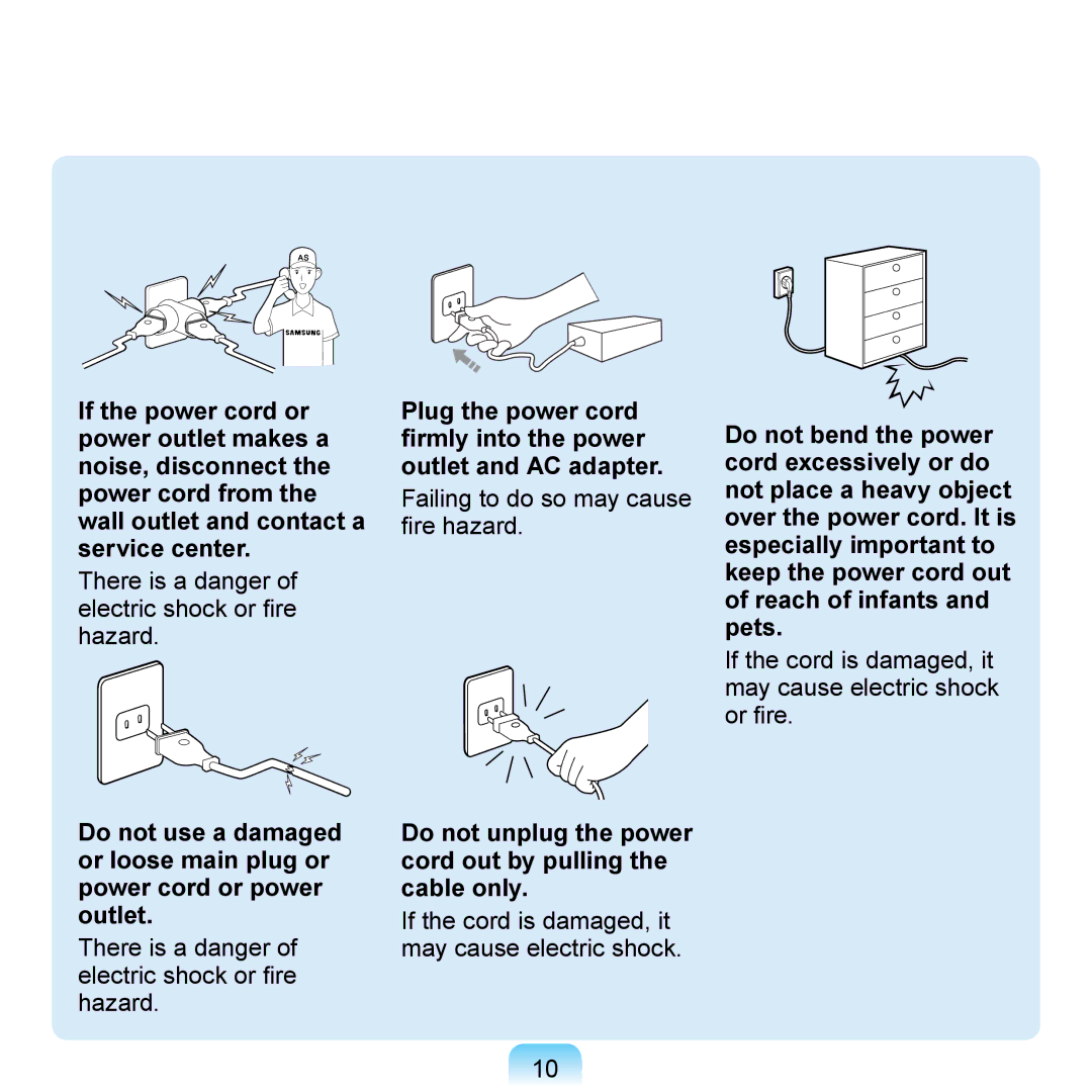Samsung NP-N310-BLK/FR, NP-R700-AS05DE, NP-R700A000/SEG, NP-R700-FS01DE If the cord is damaged, it may cause electric shock 