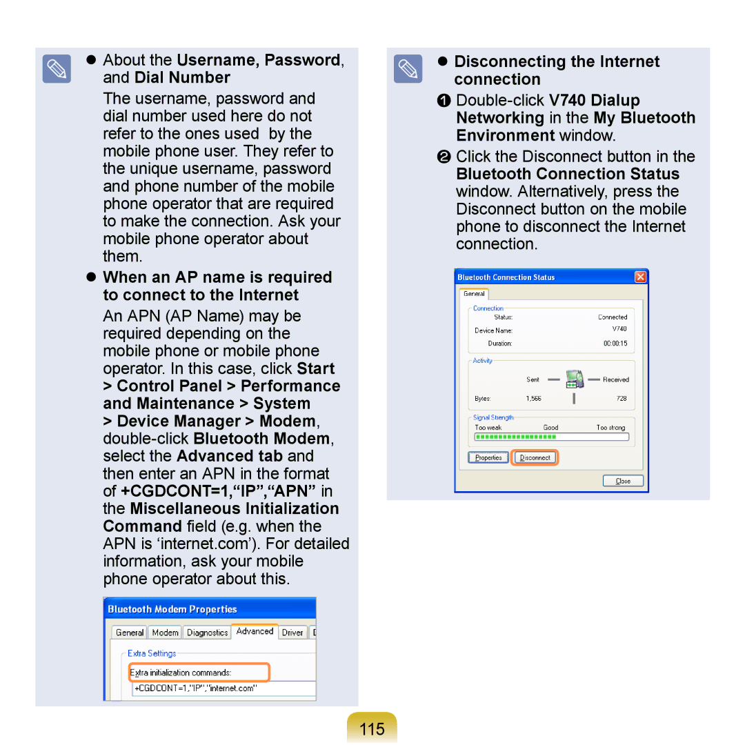 Samsung NP-R410-FA0CRU manual 115,  About the Username, Password, and Dial Number,  Disconnecting the Internet connection 