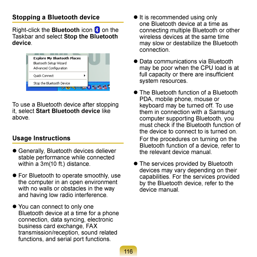 Samsung NP-R410-FA0DRU, NP-R700-AS05DE, NP-R700A000/SEG, NP-R700-FS01DE manual Stopping a Bluetooth device, Usage Instructions 