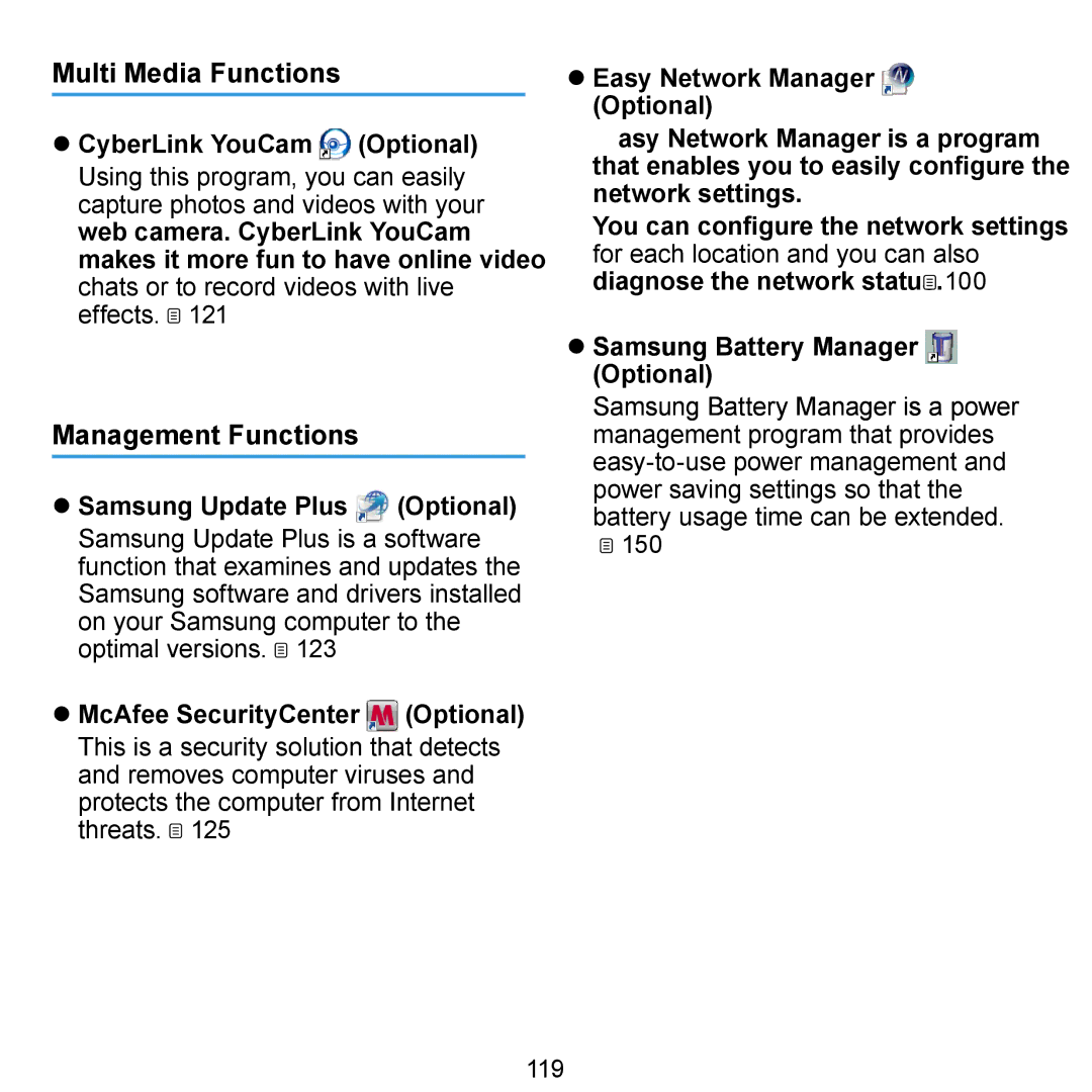 Samsung NP-R700-AS01RU, NP-R700-AS05DE manual Multi Media Functions, Management Functions,  Samsung Update Plus Optional 