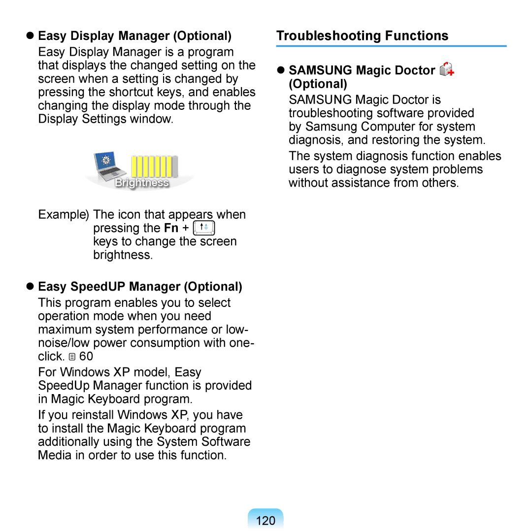 Samsung NP-N310-KA01US, NP-R700-AS05DE, NP-R700A000/SEG Troubleshooting Functions,  Samsung Magic Doctor Optional, 120 