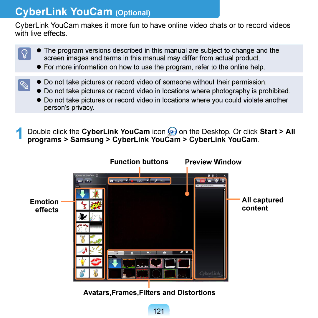 Samsung NP-N310-WAS1RU, NP-R700-AS05DE, NP-R700BM/DE CyberLink YouCam Optional, Double click the CyberLink YouCam icon, 121 