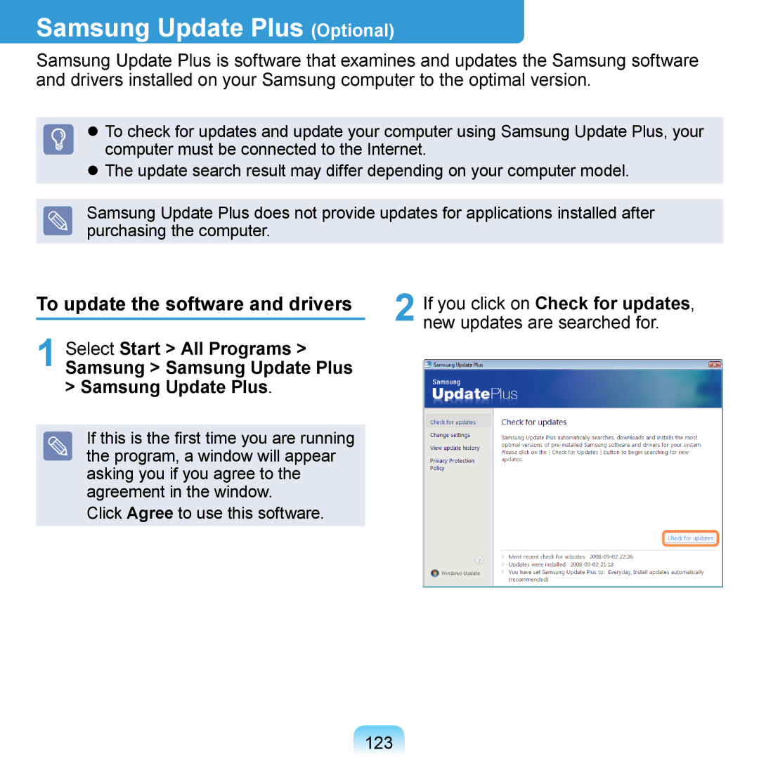 Samsung NP-R410-FA04RU manual Samsung Update Plus Optional, To update the software and drivers, Select Start All Programs 