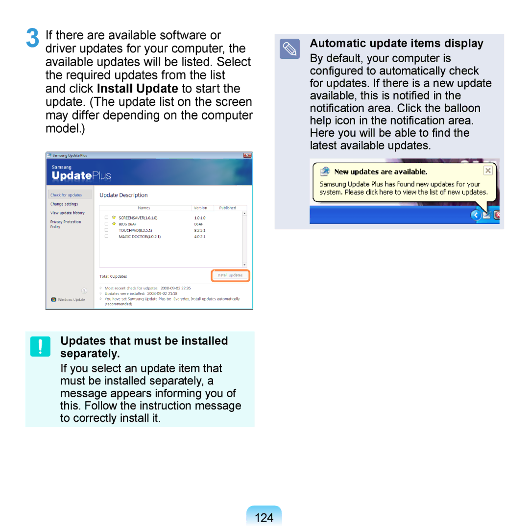 Samsung NP-R410-FA07RU, NP-R700-AS05DE manual 124, Updates that must be installed separately, Automatic update items display 