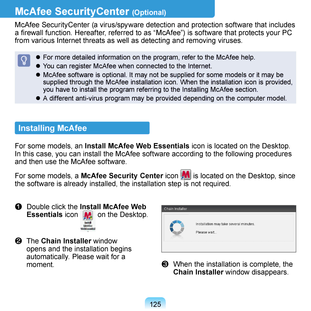 Samsung NP-R410-FB09RU manual McAfee SecurityCenter Optional, Installing McAfee, Double click the Install McAfee Web, 125 