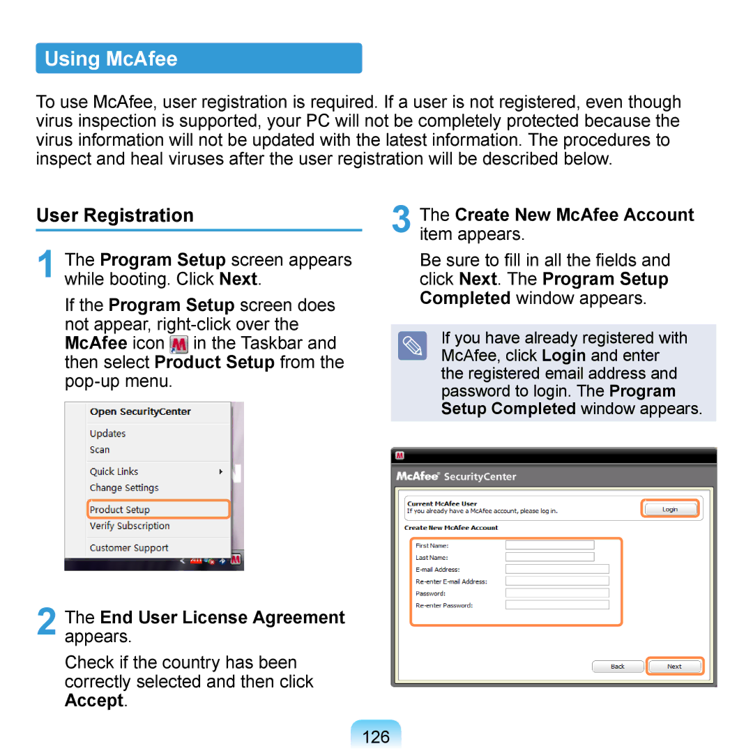 Samsung NP-R410-XB06RU manual Using McAfee, User Registration, Program Setup screen appears while booting. Click Next 