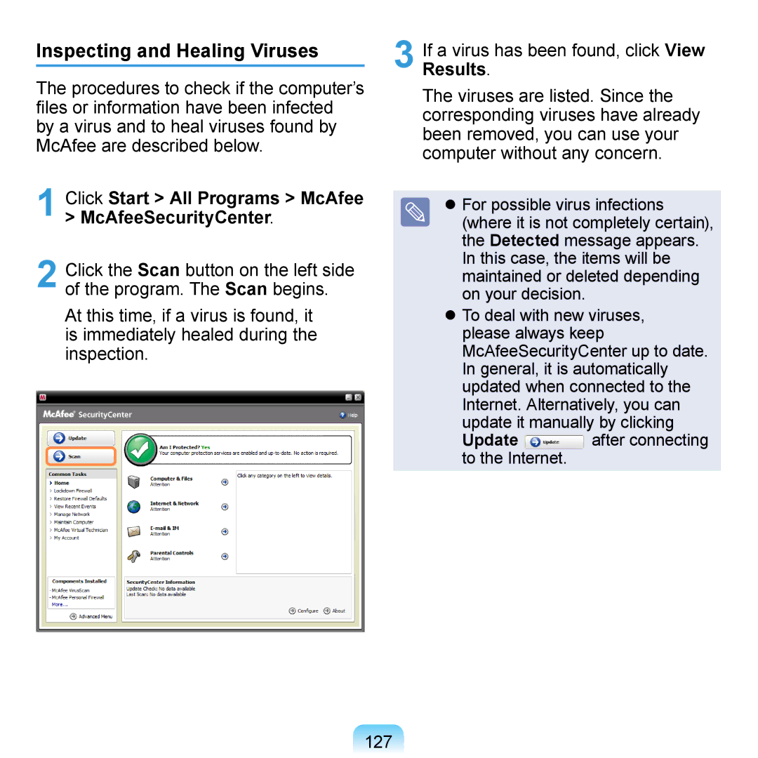 Samsung NP-R700-A001RU manual Inspecting and Healing Viruses, Click Start All Programs McAfee McAfeeSecurityCenter, 127 