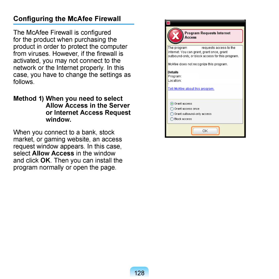 Samsung NP-R700-FS02RU, NP-R700-AS05DE, NP-R700A000/SEG, NP-R700-FS01DE, NP-R700-A001DE Configuring the McAfee Firewall, 128 