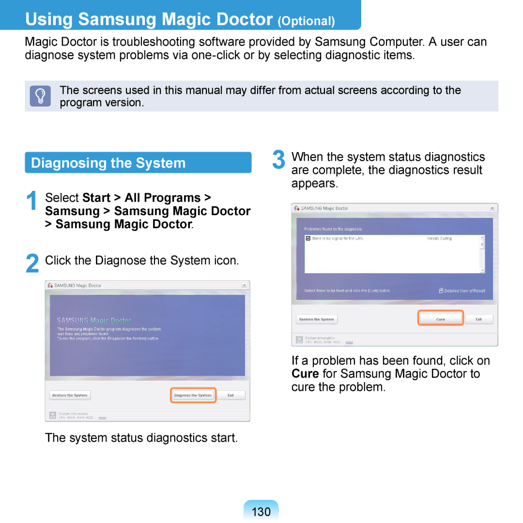 Samsung NP-N310-KA05CL, NP-R700-AS05DE, NP-R700A000/SEG manual Using Samsung Magic Doctor Optional, Diagnosing the System 