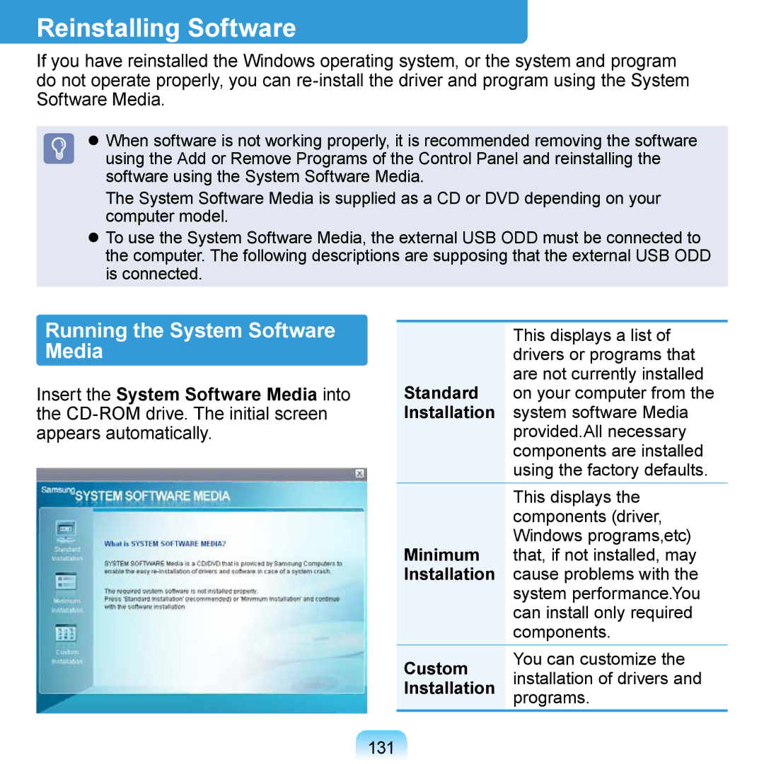 Samsung NP-R410-FB01RU, NP-R700-AS05DE, NP-R700A000/SEG manual Reinstalling Software, Running the System Software Media, 131 