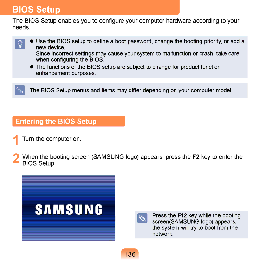 Samsung NP-R410-FB0BRU, NP-R700-AS05DE, NP-R700A000/SEG, NP-R700-FS01DE, NP-R700-A001DE, NP-R700-A002DE manual Bios Setup, 136 