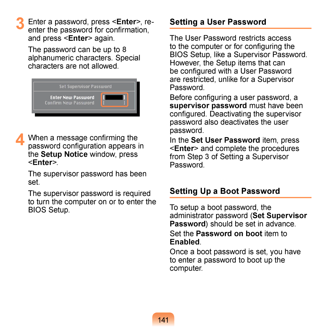 Samsung NP-R700-AS03RU manual Setting a User Password, Setting Up a Boot Password, Set the Password on boot item to Enabled 