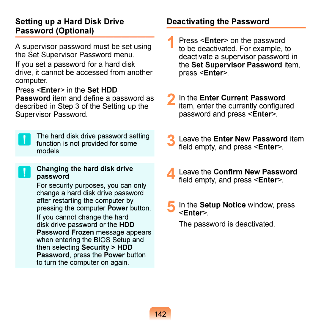 Samsung NP-N310-KA03RU, NP-R700-AS05DE manual Setting up a Hard Disk Drive Password Optional, Deactivating the Password 