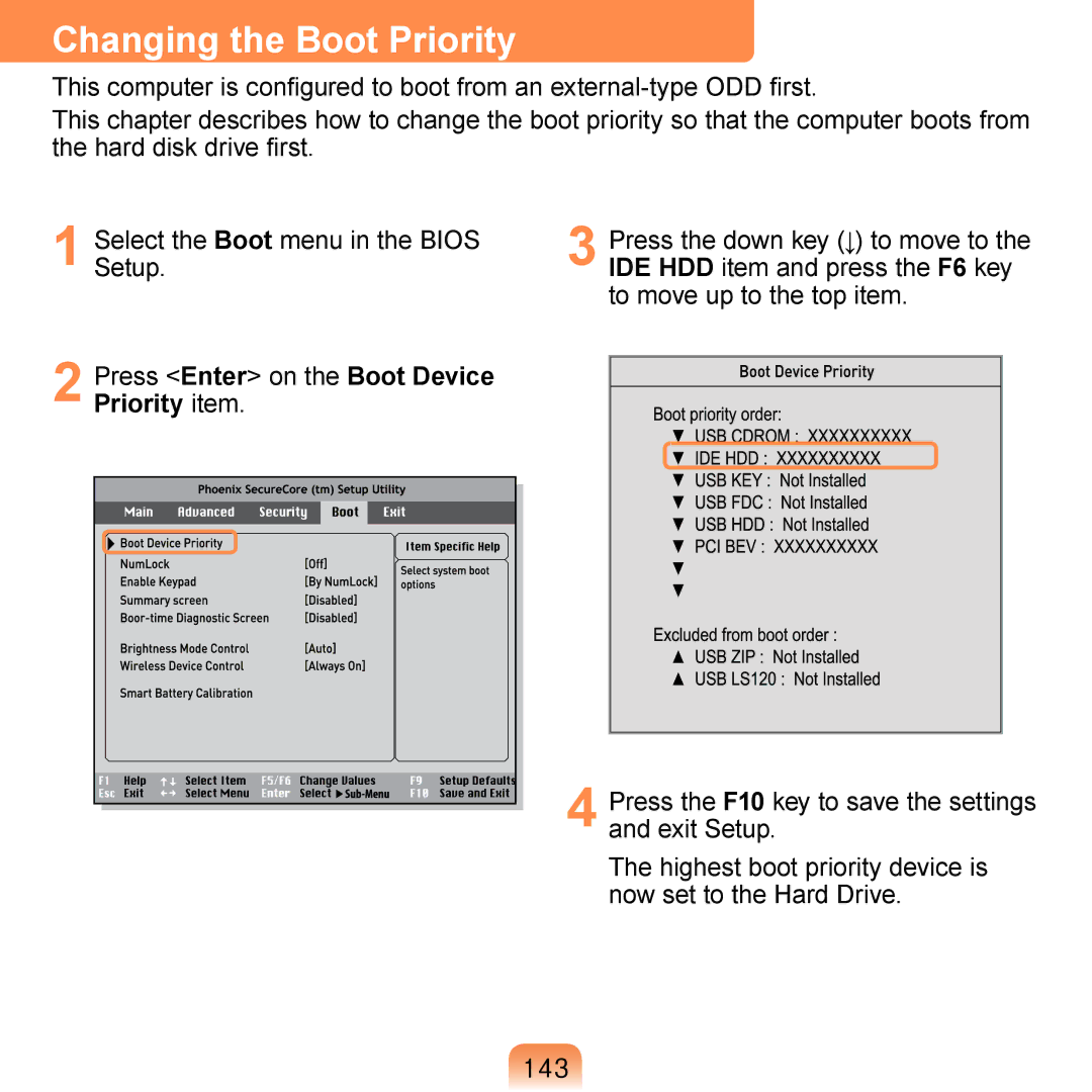 Samsung NP-R410-FB05RU, NP-R700-AS05DE, NP-R700A000/SEG, NP-R700-FS01DE, NP-R700-A001DE manual Changing the Boot Priority, 143 