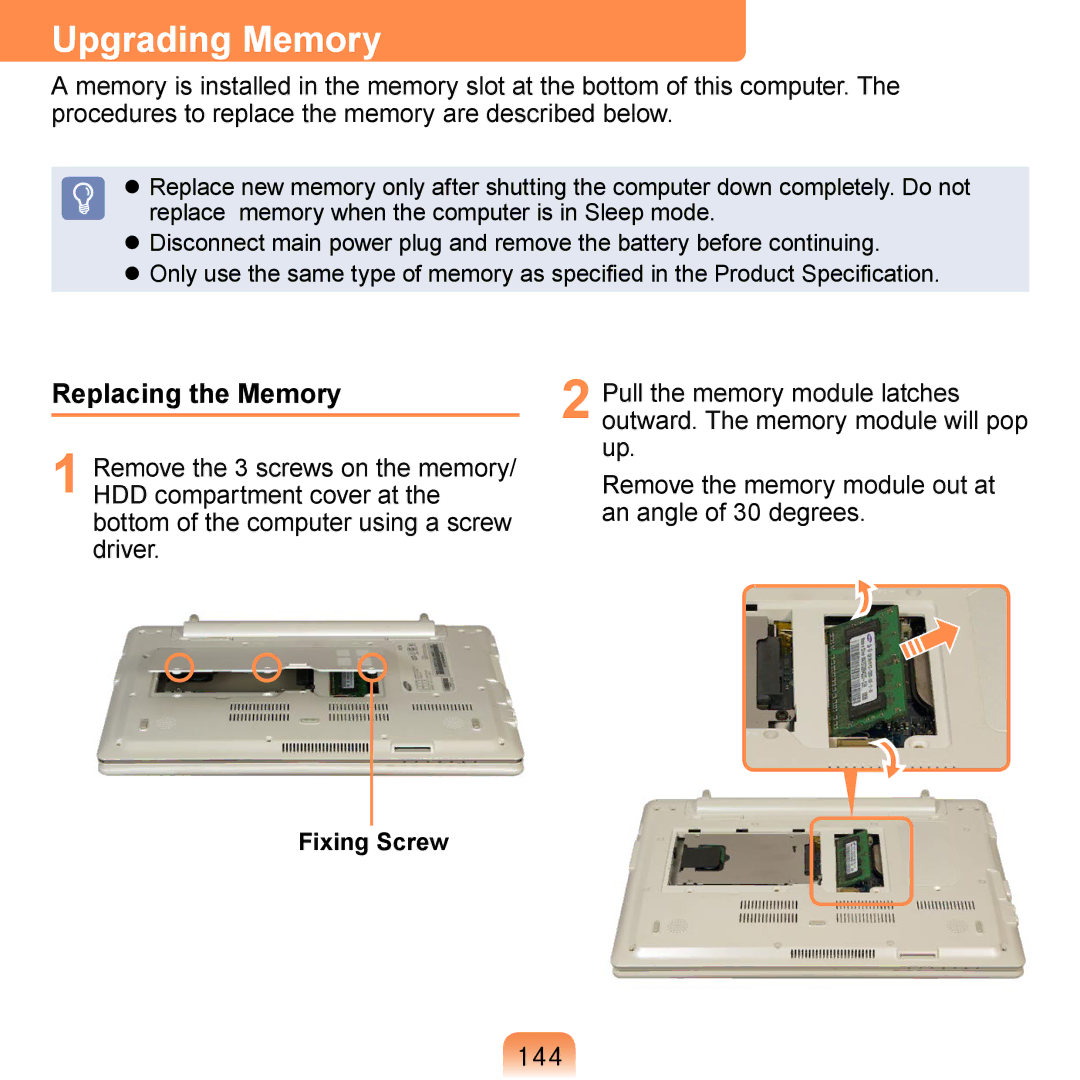 Samsung NP-R410-FB06RU, NP-R700-AS05DE, NP-R700A000/SEG, NP-R700-FS01DE Upgrading Memory, Replacing the Memory, Fixing Screw 