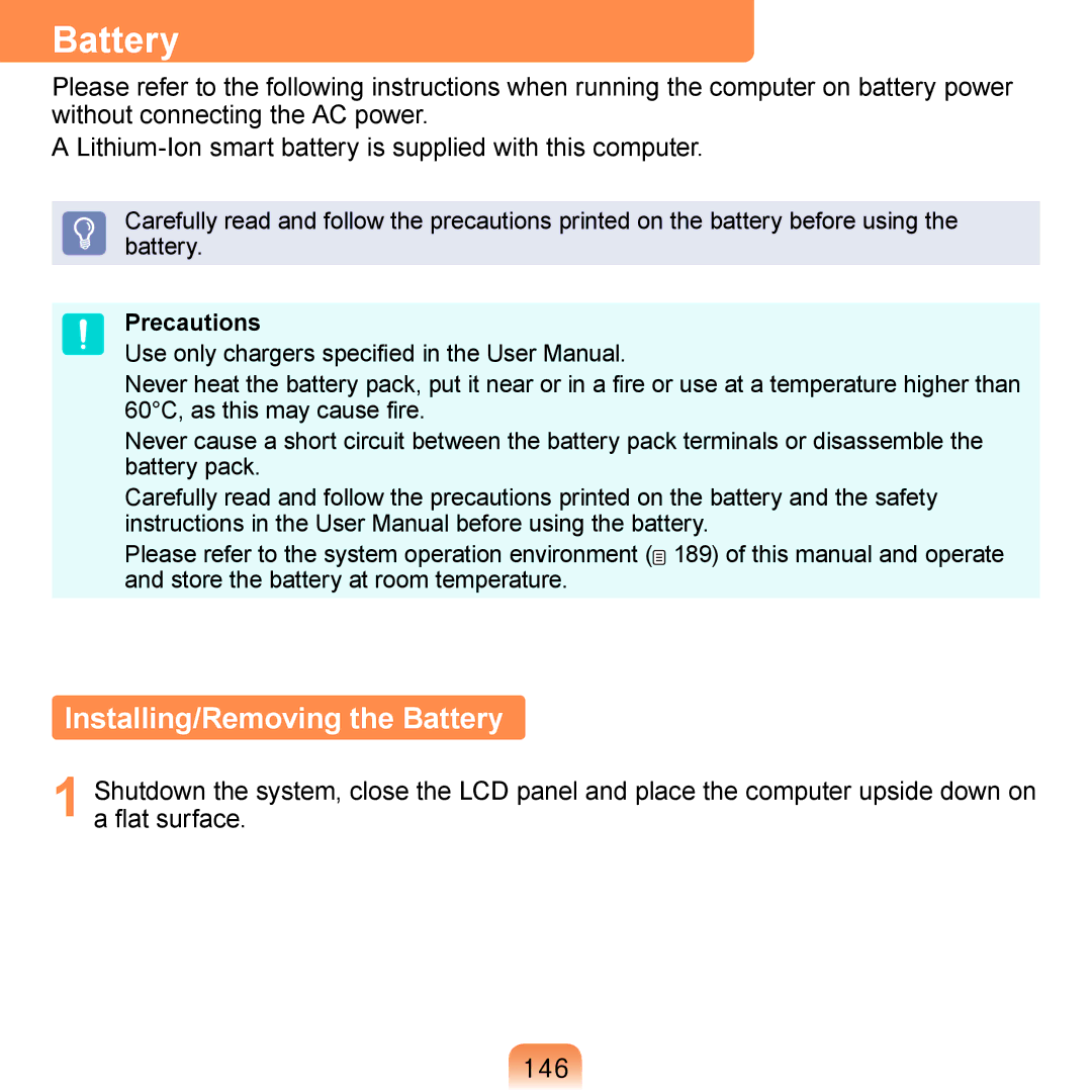 Samsung NP-R410-XB03RU, NP-R700-AS05DE, NP-R700A000/SEG, NP-R700-FS01DE Installing/Removing the Battery, Precautions 