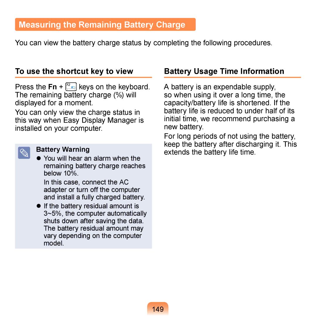 Samsung NP-R700-FS01RU manual Measuring the Remaining Battery Charge, To use the shortcut key to view, 149, Battery Warning 