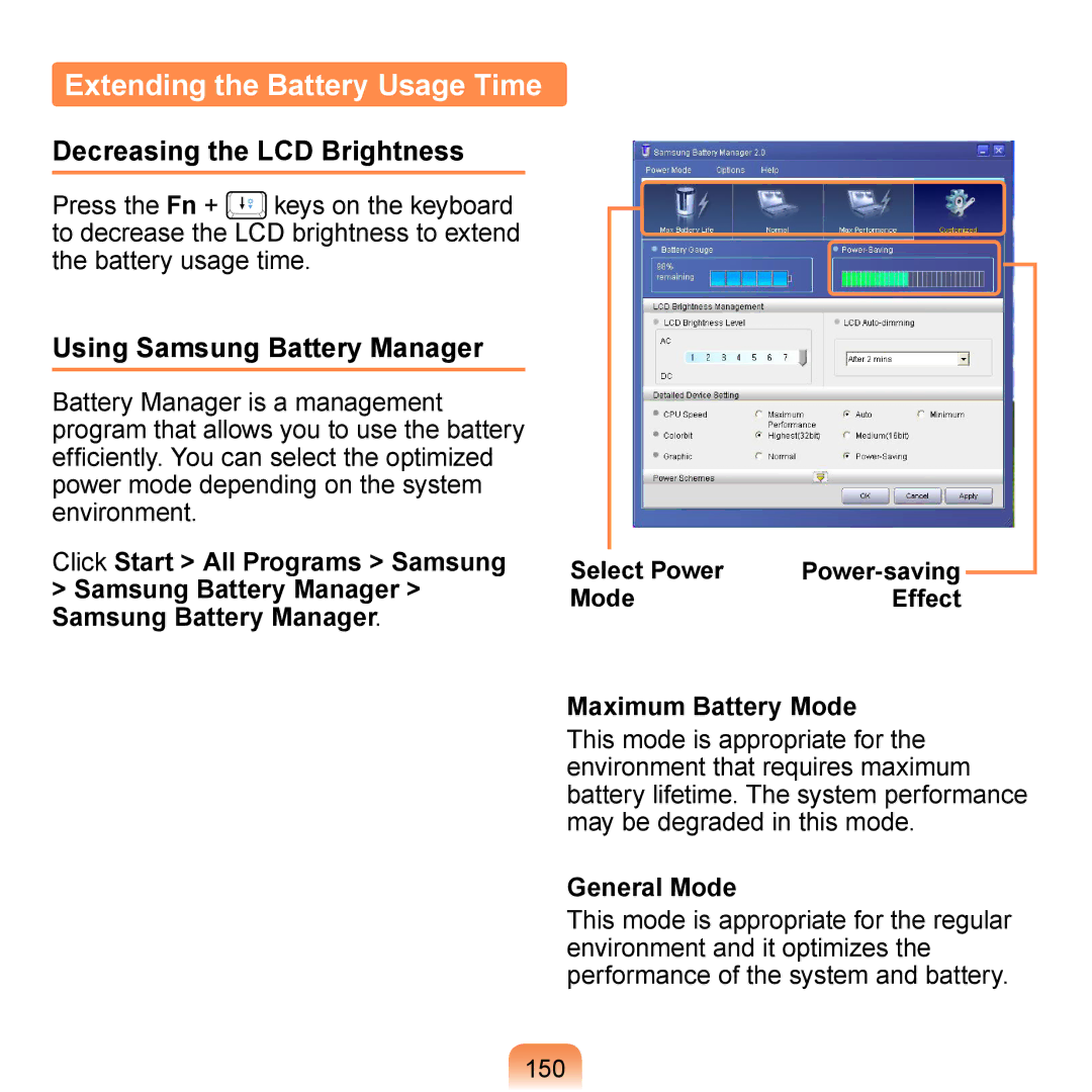 Samsung NP-N510-KA01IL Extending the Battery Usage Time, Decreasing the LCD Brightness, Using Samsung Battery Manager 