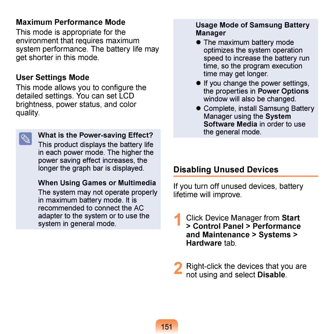 Samsung NP-N510-KA02IL, NP-R700-AS05DE, NP-R700BM/DE Disabling Unused Devices, Maximum Performance Mode, User Settings Mode 