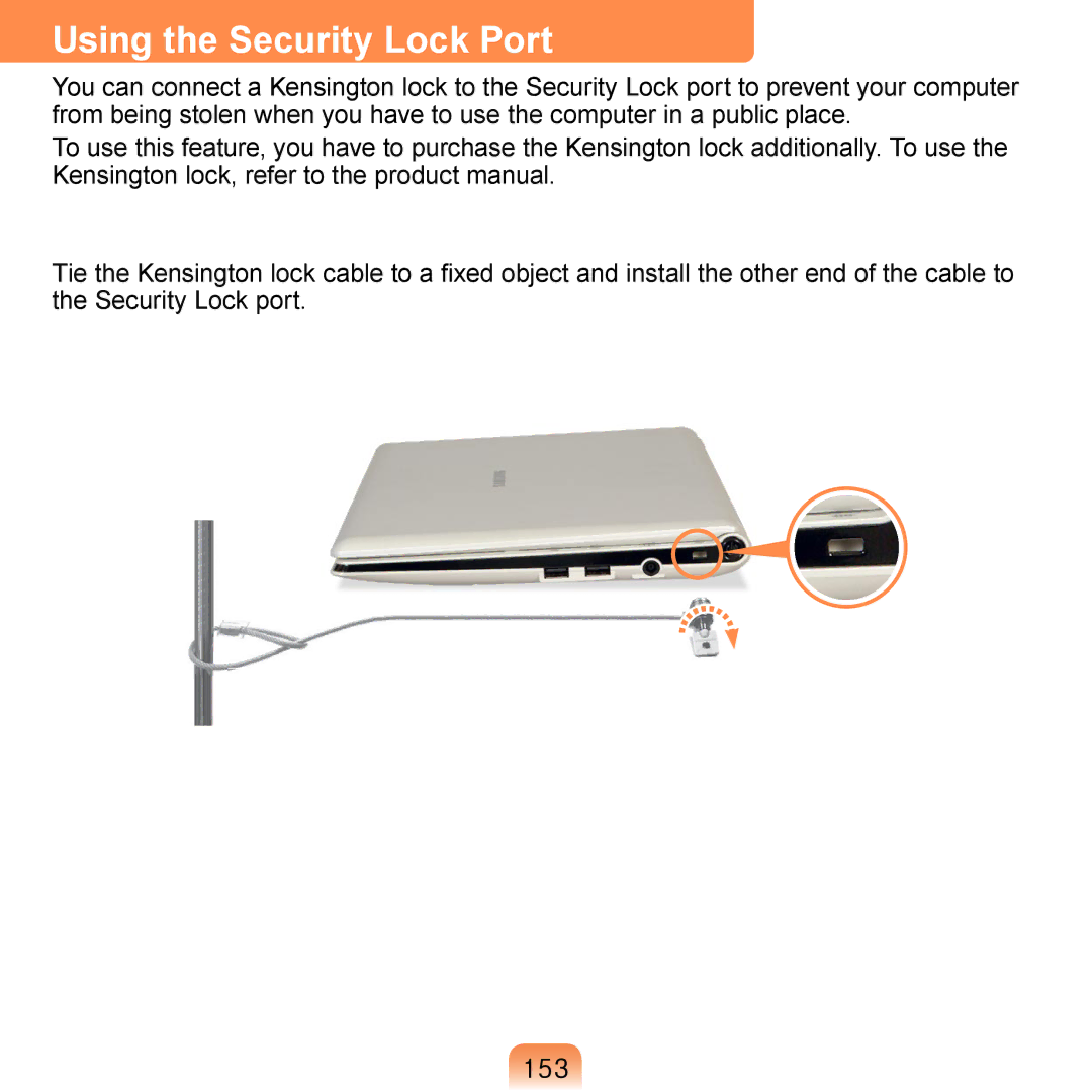 Samsung NP-R700-AS05DE, NP-R700A000/SEG, NP-R700-FS01DE, NP-R700-A001DE, NP-R700-A002DE Using the Security Lock Port, 153 