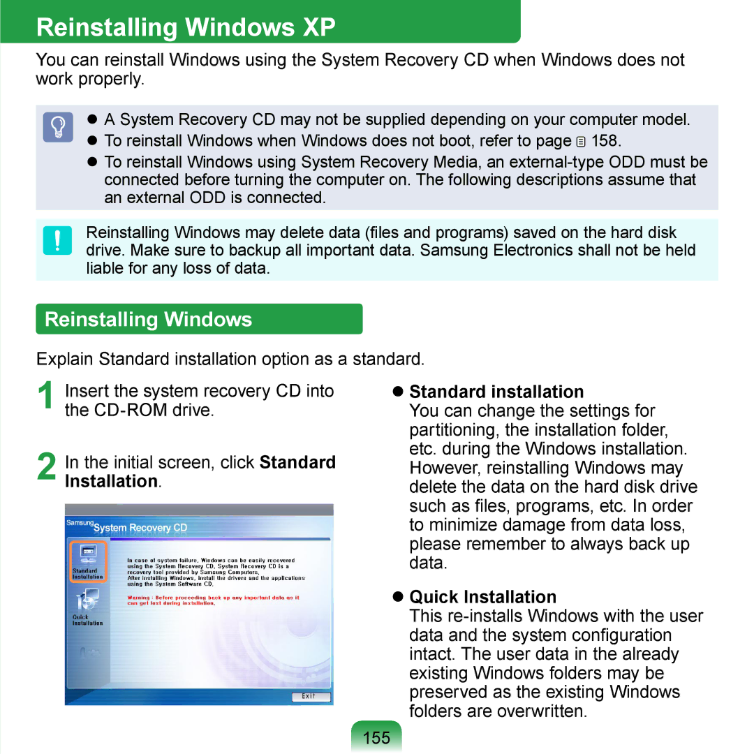 Samsung NP-R700-FS01DE, NP-R700-AS05DE, NP-R700BM/DE Reinstalling Windows XP,  Standard installation,  Quick Installation 