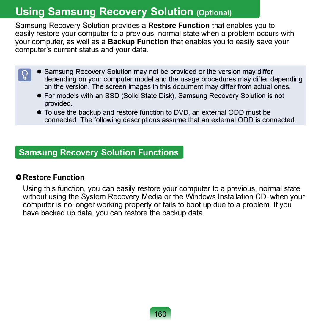 Samsung NP-R700-AS03FR Using Samsung Recovery Solution Optional, Samsung Recovery Solution Functions,  Restore Function 