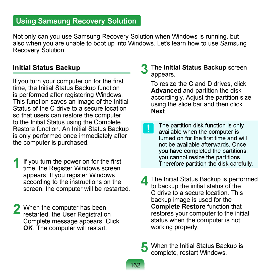 Samsung NP-R700-A001FR, NP-R700-AS05DE manual Using Samsung Recovery Solution, Initial Status Backup screen appears 