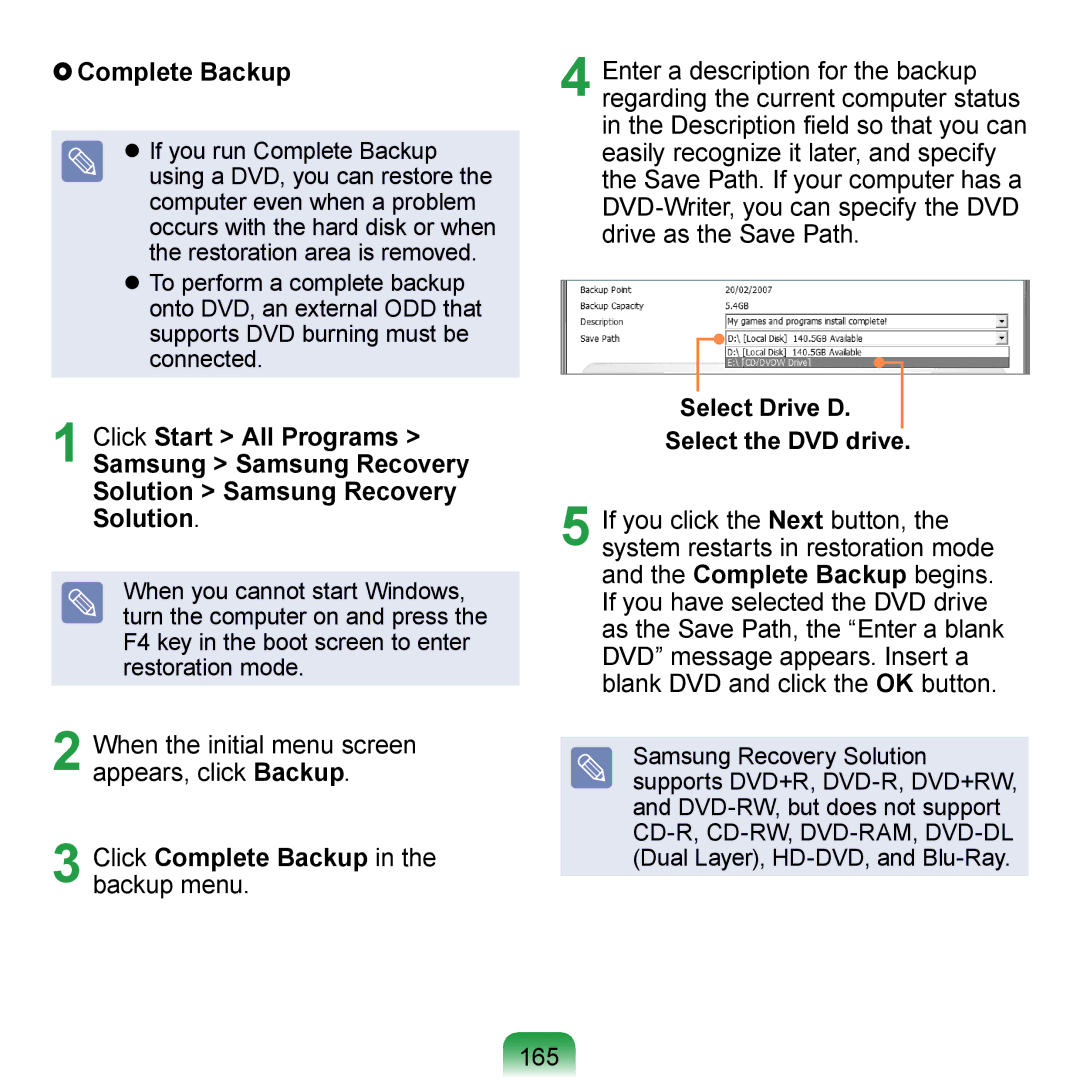 Samsung NP-R700BM/FR manual  Complete Backup, Click Complete Backup, Backup menu, 165, Select Drive D Select the DVD drive 