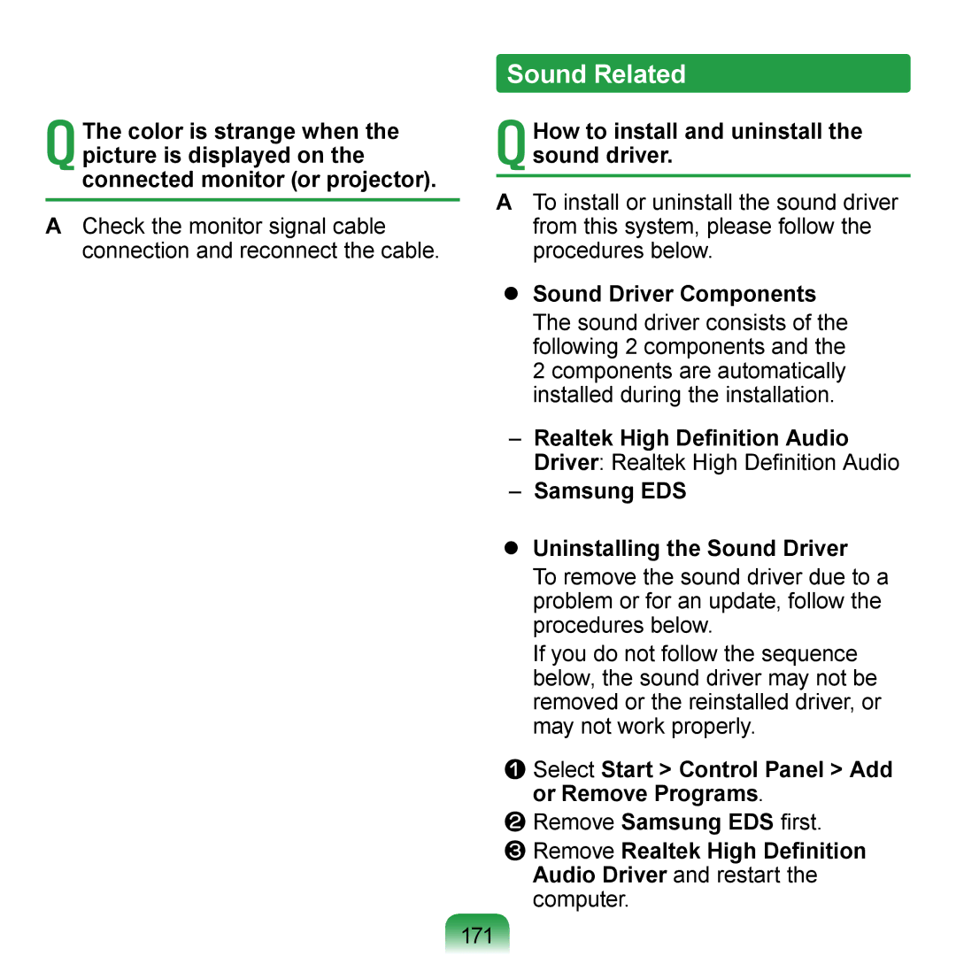 Samsung NP-N510-KA04FR manual Sound Related, How to install and uninstall the sound driver, Realtek High Definition Audio 