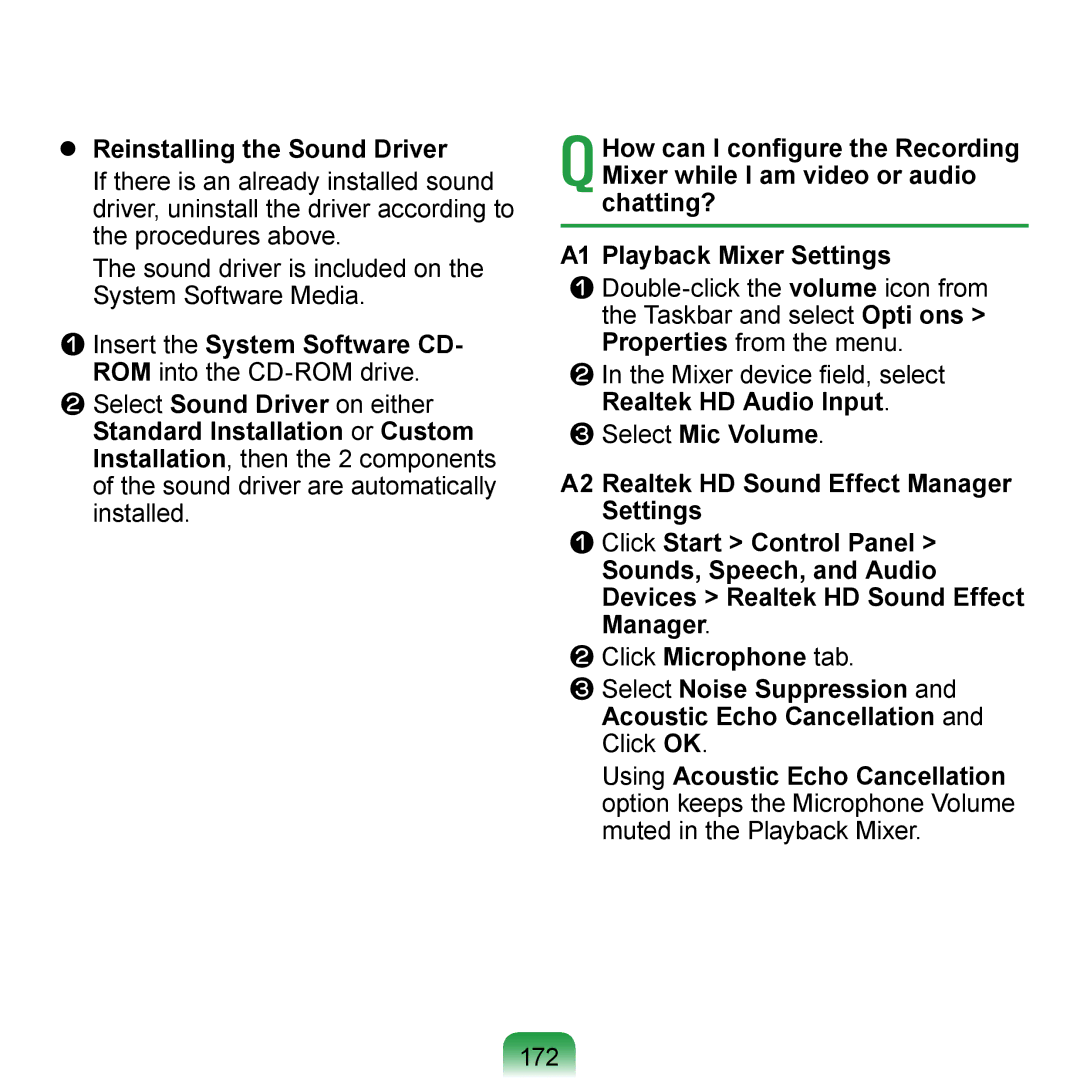 Samsung NP-R700-AS04FR  Reinstalling the Sound Driver, 172, Insert the System Software CD- ROM into the CD-ROM drive 
