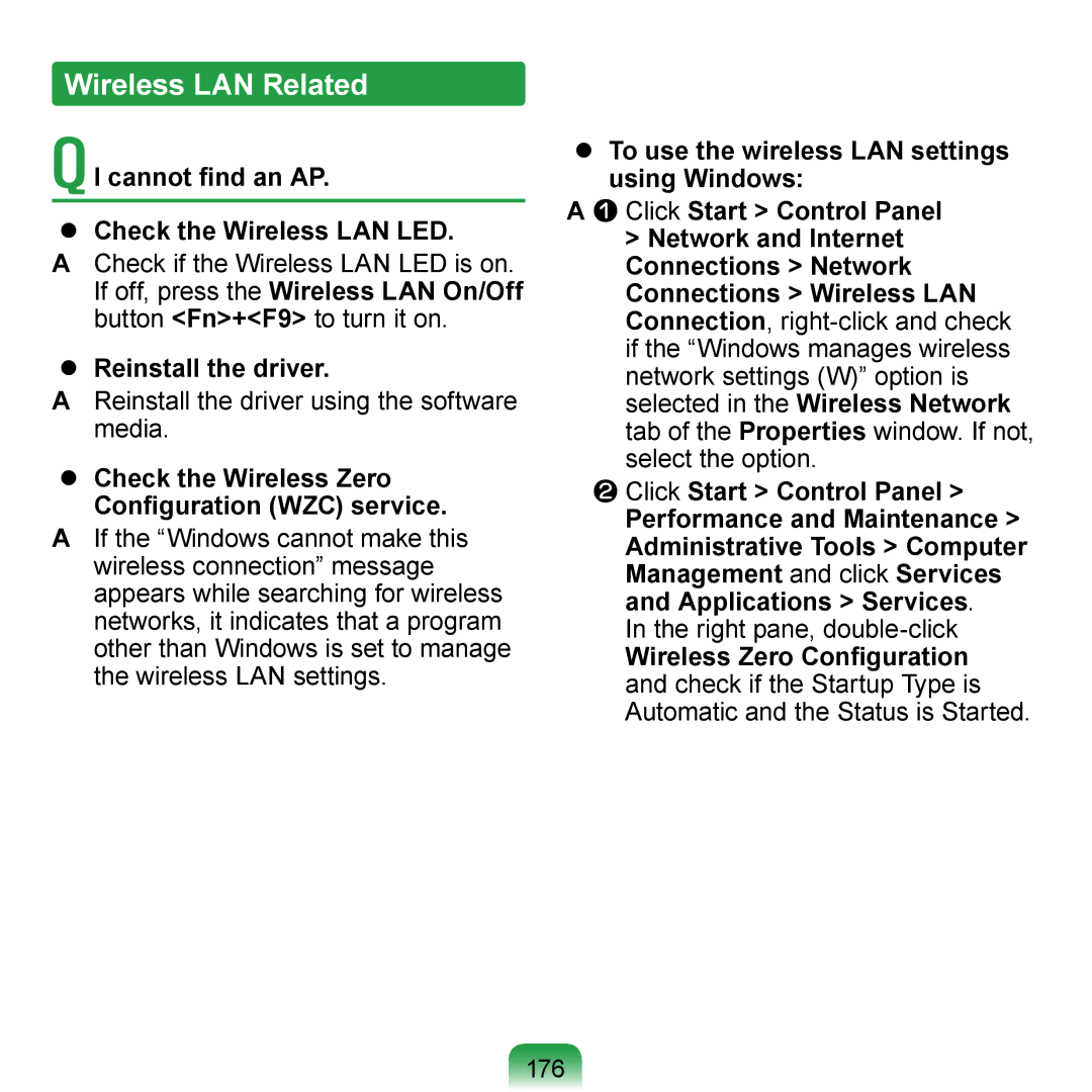 Samsung NP-R700-A006DE Wireless LAN Related, QI cannot find an AP  Check the Wireless LAN LED,  Reinstall the driver 