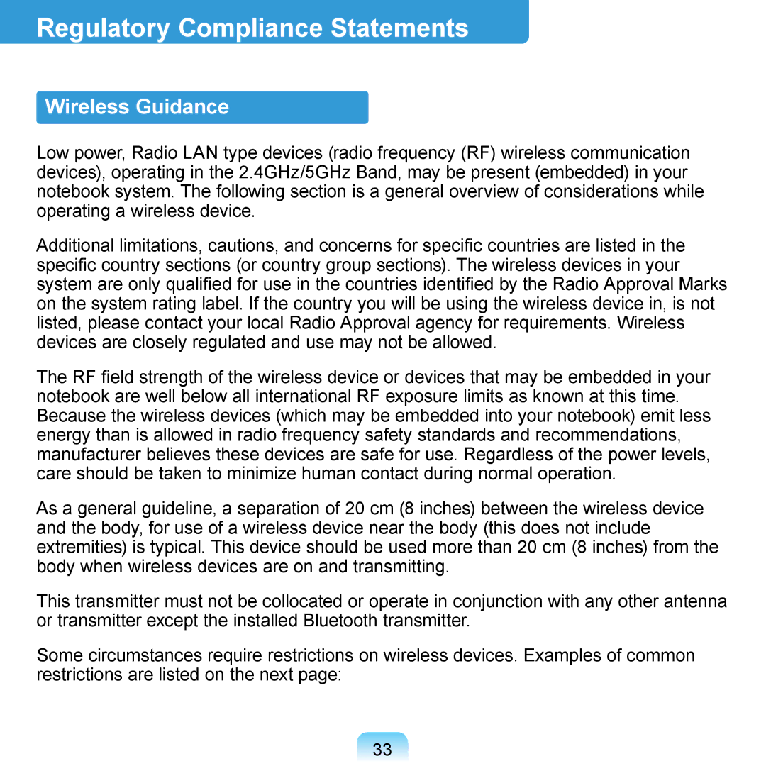 Samsung NP-R700A000/SEF, NP-R700-AS05DE, NP-R700A000/SEG, NP-R700-FS01DE Regulatory Compliance Statements, Wireless Guidance 