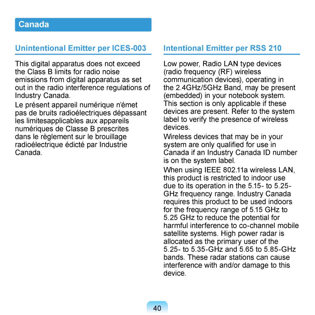 Samsung NP-R700A001/SEF, NP-R700-AS05DE manual Canada, Unintentional Emitter per ICES-003, Intentional Emitter per RSS 