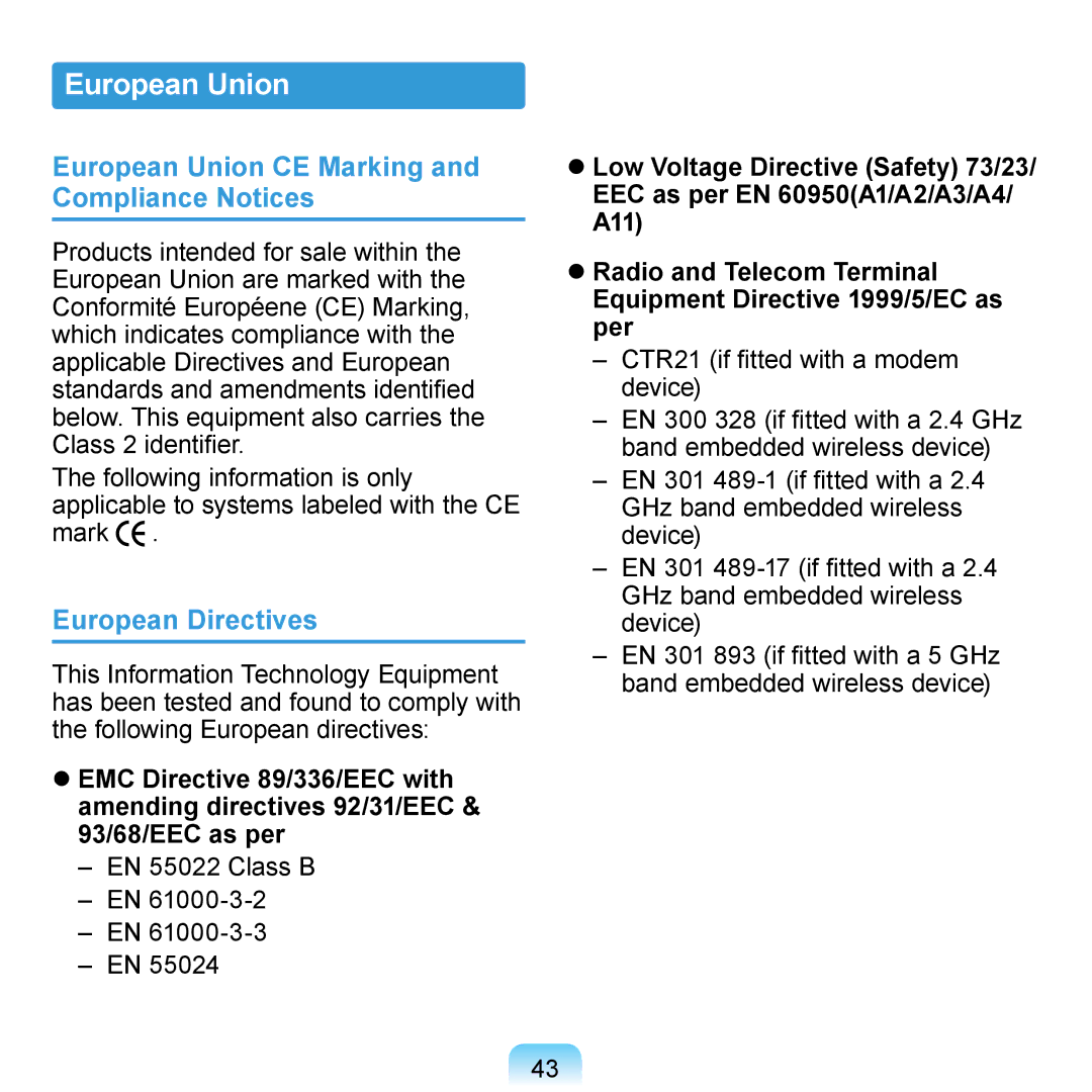 Samsung NP-R700-A003FR manual European Union CE Marking and Compliance Notices, European Directives, EN 55022 Class B 