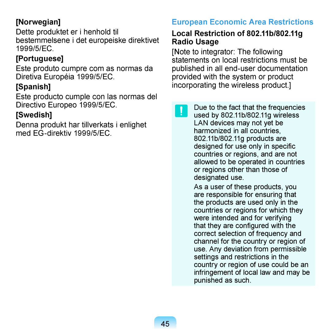 Samsung NP-R700-A005DE manual Norwegian, Portuguese, Spanish, Swedish, Local Restriction of 802.11b/802.11g Radio Usage 