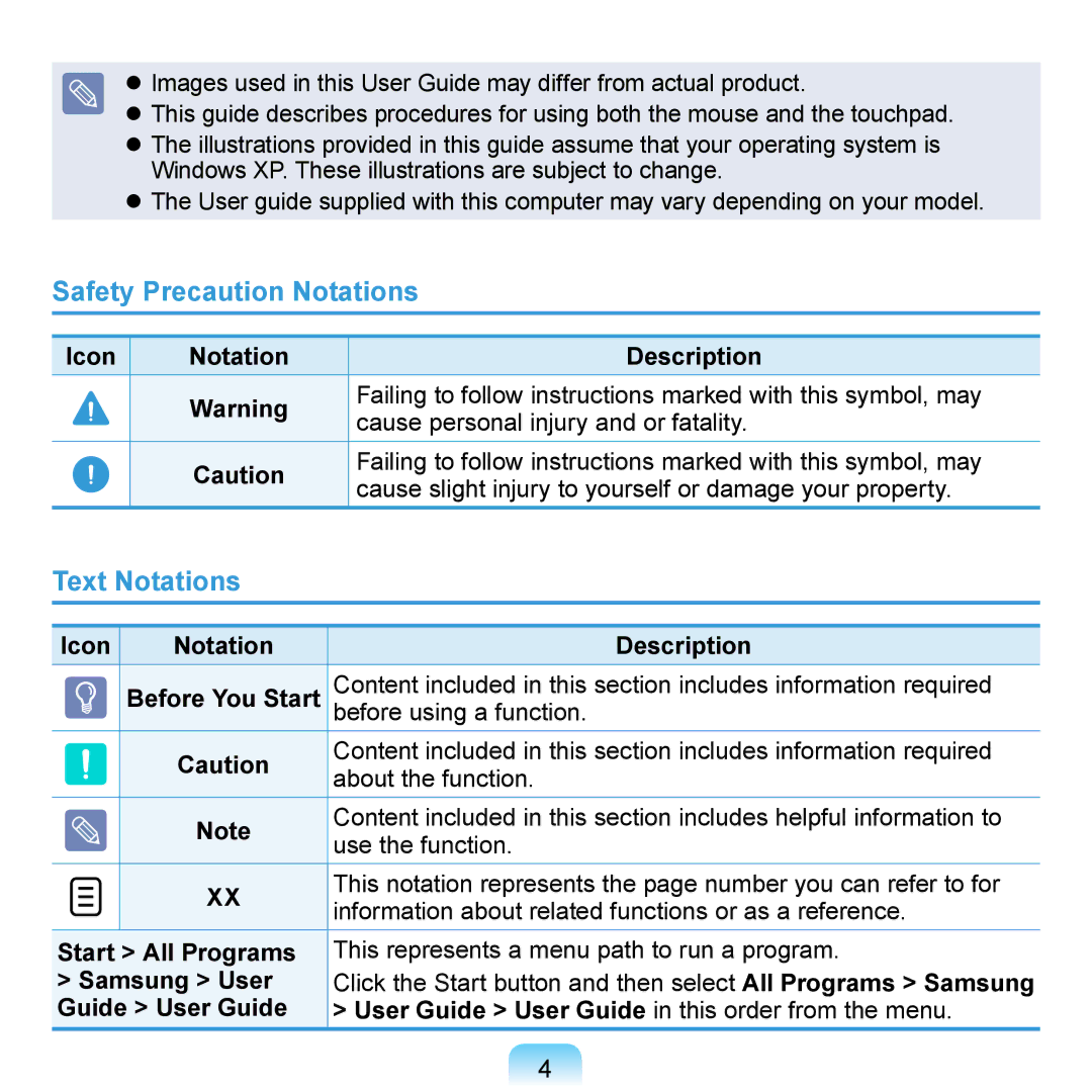 Samsung NP-R700BM/DE manual Safety Precaution Notations, Text Notations, Icon Notation Description, Before You Start 