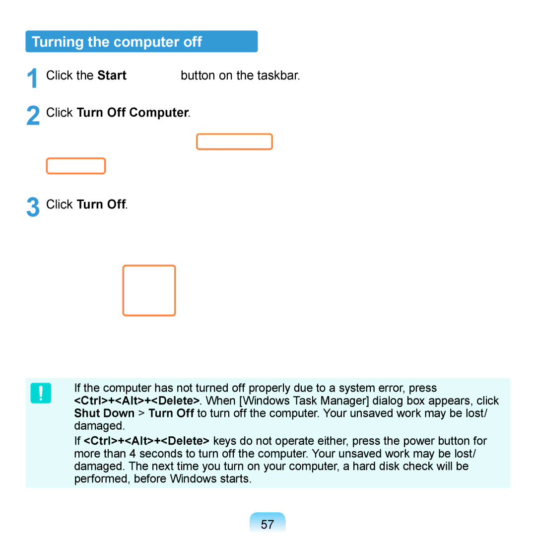 Samsung NP-N510-JA01IT manual Turning the computer off, Click the Start button on the taskbar, Click Turn Off Computer 