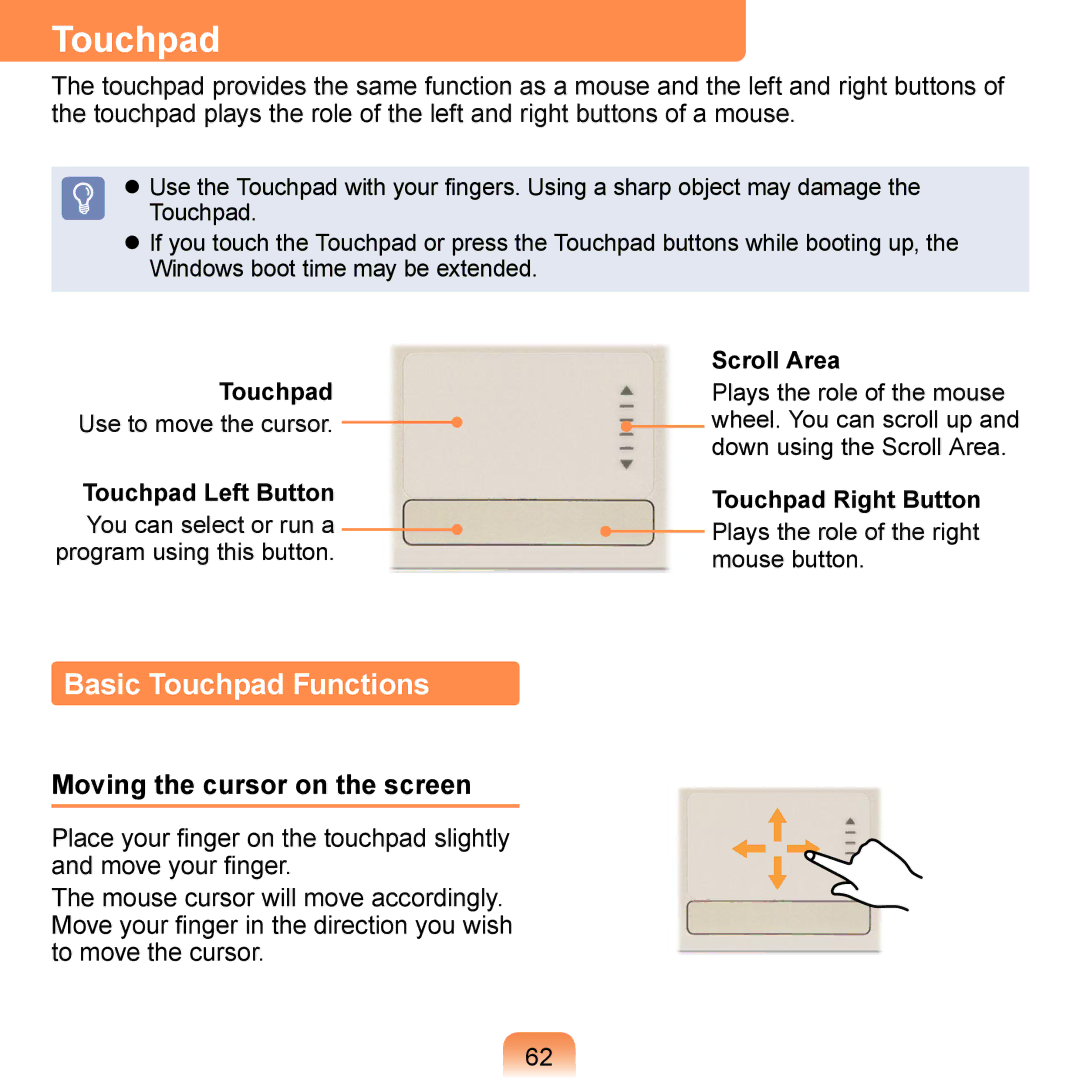 Samsung NP-N310-JA01IT, NP-R700-AS05DE, NP-R700A000/SEG manual Basic Touchpad Functions, Moving the cursor on the screen 