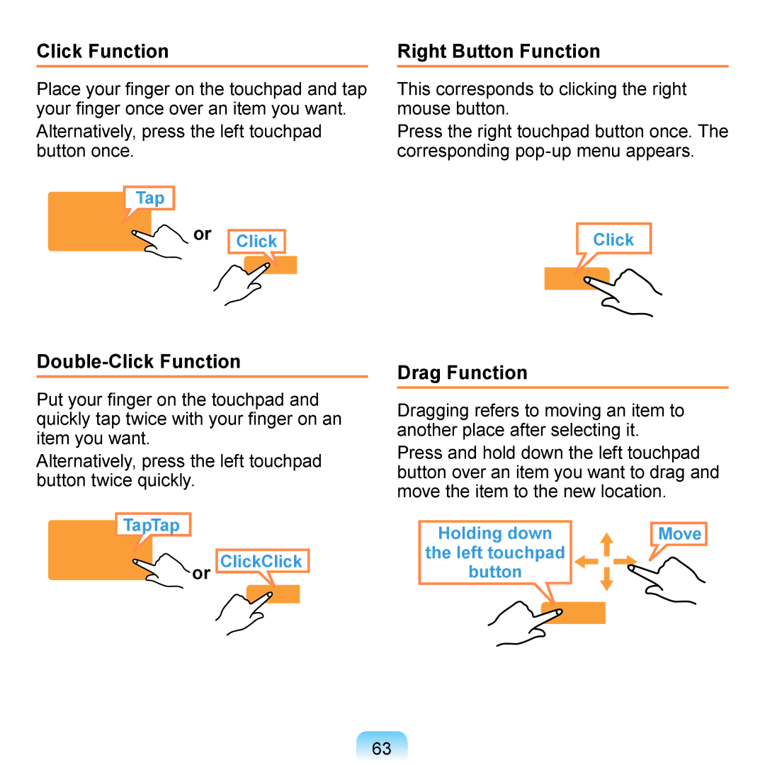 Samsung NP-R700-A002ES, NP-R700-AS05DE, NP-R700A000/SEG Right Button Function, Double-Click Function, Drag Function 