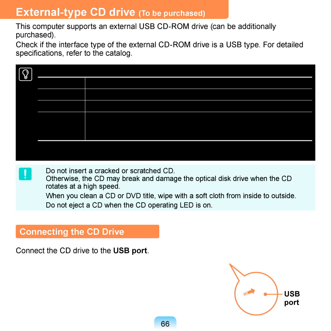 Samsung NP-R700-AS01ES External-type CD drive To be purchased, Connecting the CD Drive, Drive Type Function, Reads CD/DVD 