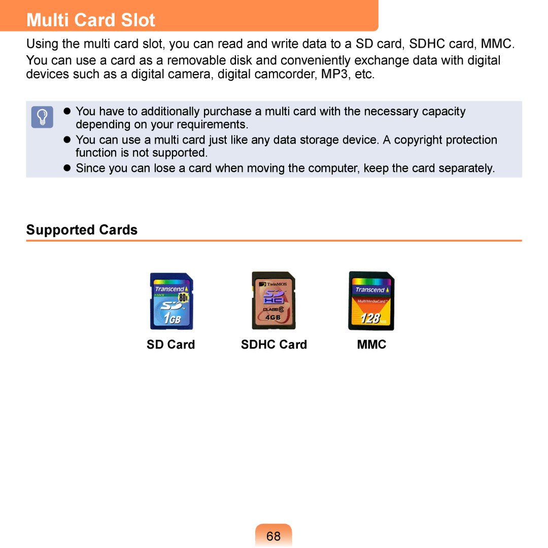 Samsung NP-N310-KA02ES, NP-R700-AS05DE, NP-R700A000/SEG, NP-R700-FS01DE Multi Card Slot, Supported Cards, SD Card Sdhc Card 