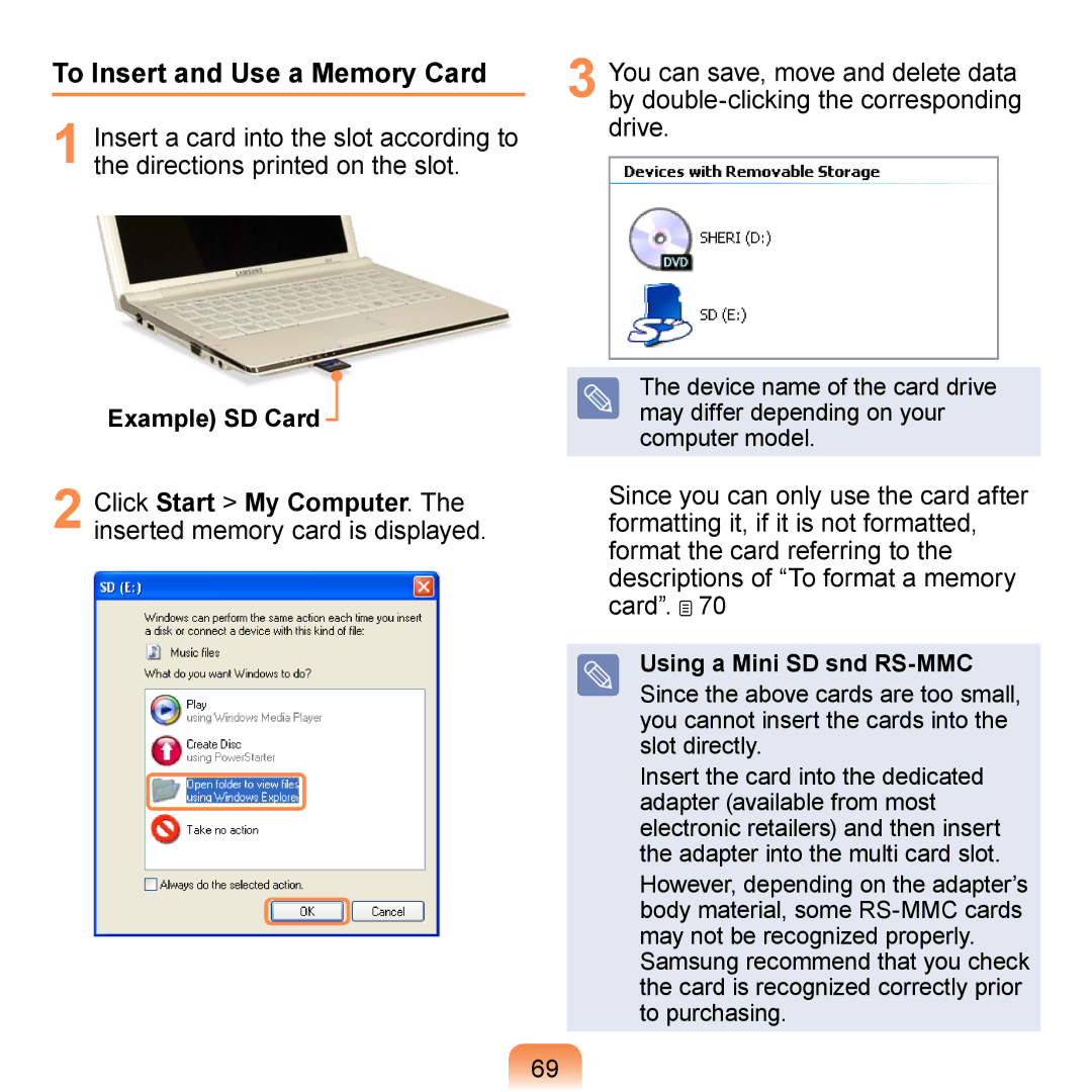 Samsung NP-N310-KA03ES, NP-R700-AS05DE, NP-R700A000/SEG manual To Insert and Use a Memory Card, Using a Mini SD snd RS-MMC 