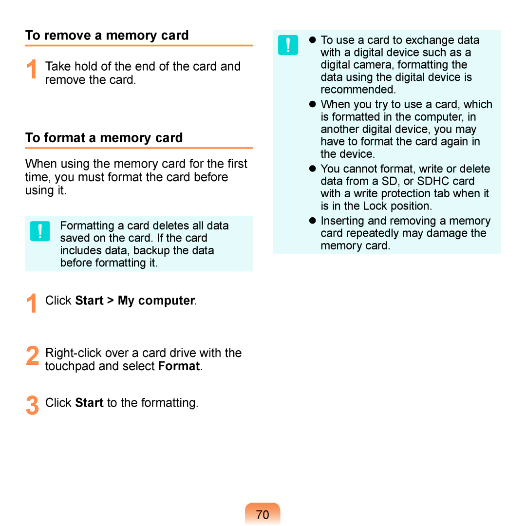 Samsung NP-R700-A000ES, NP-R700-AS05DE manual To remove a memory card, To format a memory card, Click Start My computer 