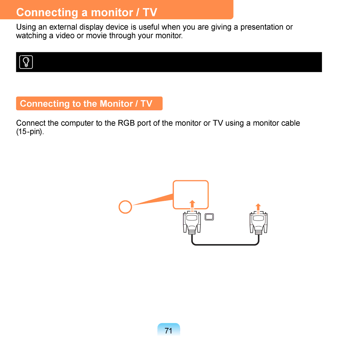 Samsung NP-N510-KA02ES, NP-R700-AS05DE, NP-R700A000/SEG manual Connecting a monitor / TV, Connecting to the Monitor / TV 