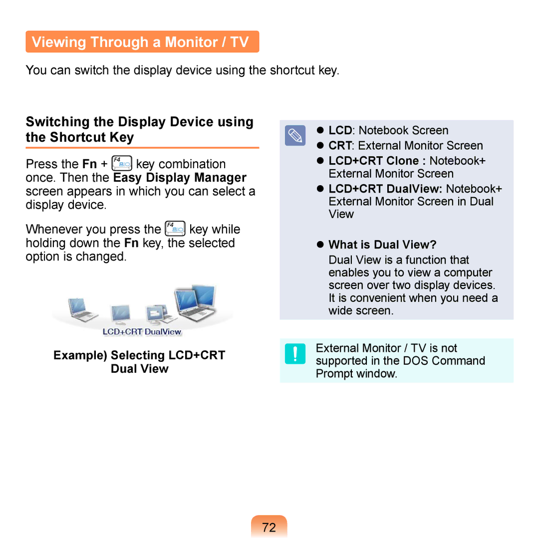 Samsung NP-N310-KA01ES, NP-R700-AS05DE Viewing Through a Monitor / TV, Switching the Display Device using the Shortcut Key 