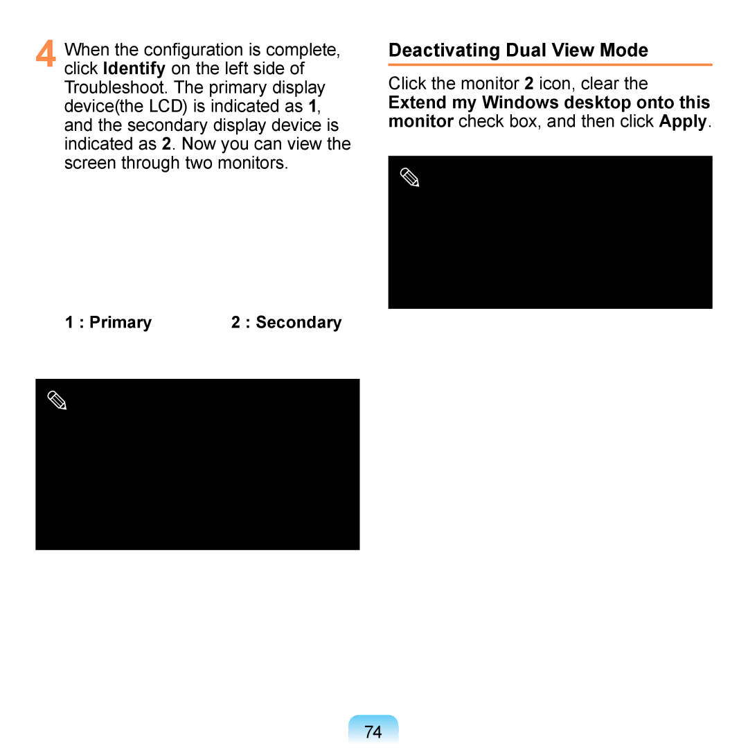 Samsung NP-R700BM/ES, NP-R700-AS05DE Deactivating Dual View Mode, Click the monitor 2 icon, clear, Primary 2 Secondary 