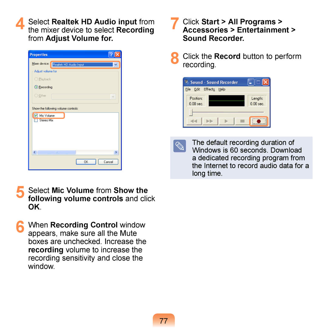 Samsung NP-N310-KA01SA manual Select Realtek HD Audio input from Click Start All Programs, Mixer device to select Recording 