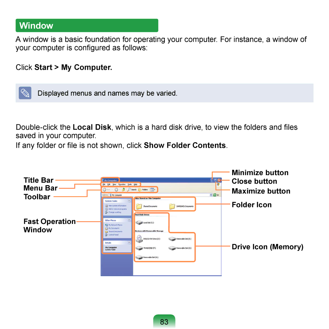 Samsung NP-N310-KA04SG, NP-R700-AS05DE manual Window, Title Bar Minimize button Close button Menu Bar, Toolbar, Folder Icon 
